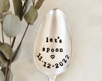 Cuchara Let's Spoon - Nombre personalizado y fecha - Estampado a mano - Regalo de recuerdo de aniversario de boda - Cucharadita de café, helado y postre - Vintage