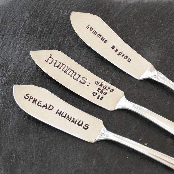 Hummus Spreader - Spread Sapien Home Heart Funny Quotes - Handstamped Vintage Silverware Butter Board Cheese Peanut Knife Knives Party Host