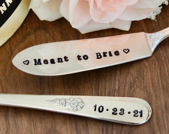 Meant to Brie Spreader - Wedding Custom Date - Keepsake - Butter Cheese Knife - Vintage Silverplate Handstamped - Name Date - Board - Gift