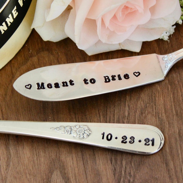 Meant to Brie Spreader - Wedding Custom Date - Keepsake - Butter Cheese Knife - Vintage Silverplate Handstamped - Name Date - Board - Gift