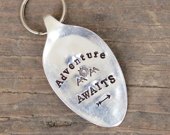 Adventure Awaits Key Chain - Vintage Silver Plated Flattened Spoon - Upcycled - Repurposed - Gift - Keychain - Graduation Gift - Traveling