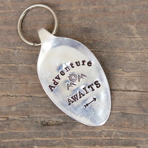 Adventure Awaits Key Chain - Vintage Silver Plated Flattened Spoon - Upcycled - Repurposed - Gift - Keychain - Graduation Gift - Traveling