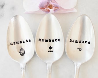Hand Stamped &#39;Namaste&#39; Vintage Silver Spoon: Yoga Gift