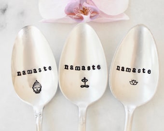 Namaste Spoon - Coffee Tea Cereal Breakfast - Handstamped Vintage Silver Oval - Infinity Yoga Buddha Lotus - Gifts for Her Sister Mom Friend