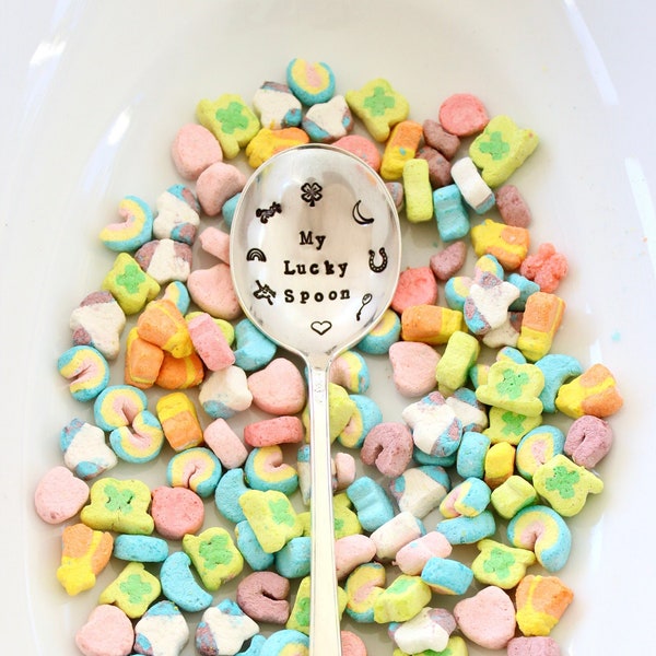 My Lucky Charms Spoon - Hand Stamped Handstamped - Fun Message Cereal Marshmallow - Gift for Him Her Mom Dad - Round Soup - OOAK - Xmas