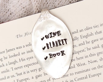 Wine Blanket Book Bookmark Handstamped Spoon - Checklist - Mothers Day Gift for Her - Bookworm Book Mark Silver Vintage - Hand Stamped