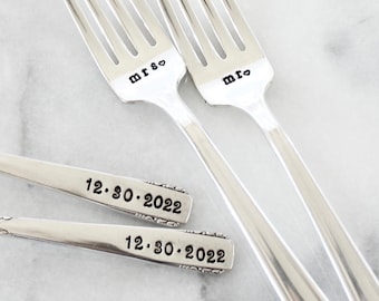 Custom Wedding Day Silverware - mr mrs hearts - cake dinner dessert reception - keepsake memento heirloom treasure - bridal gift - name date