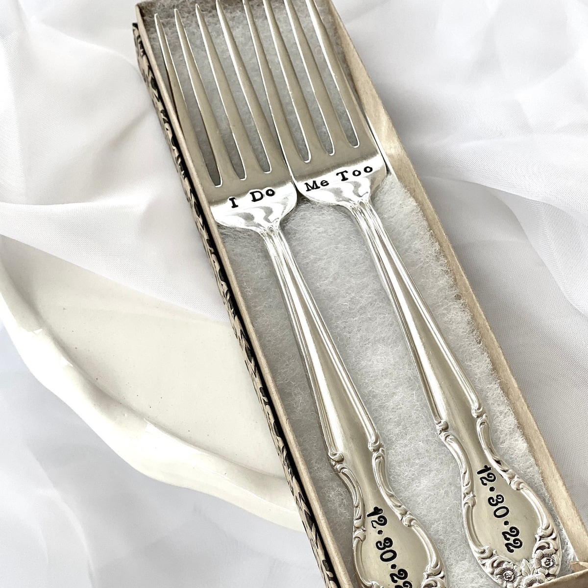 Custom Wedding Day Forks - Hand Stamped - Name Date - Mr. Mrs. - His Hers - Bride Groom - I Do Me Too - Mine Yours - Husband Wife - Gift Box - Etsy