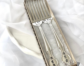 Custom Wedding Day Forks - Hand Stamped - Name Date - Mr. Mrs. - His Hers - Bride Groom - I Do Me Too - Mine Yours - Husband Wife - Gift box