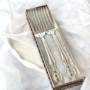 Custom Wedding Day Forks Hand Stamped Name Date Mr. Mrs. His Hers Bride Groom I Do Me Too Mine Yours Husband Wife Gift box image 1