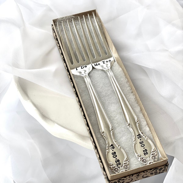 Custom Wedding Day Forks - Hand Stamped - Name Date - Mr. Mrs. - His Hers - Bride Groom - I Do Me Too - Mine Yours - Husband Wife - Gift box