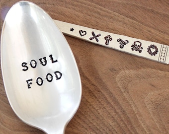 SOUL FOOD Serving Spoon - Custom - Vintage Silverplate Handstamped Chefs Moms Cooking Kitchen Veggie Side Dish Tabletop Hostess Party Gift