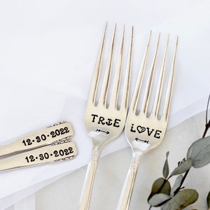 True Love Wedding Keepsake Fork Set Vintage Hand Stamped Cake Dessert Name Date