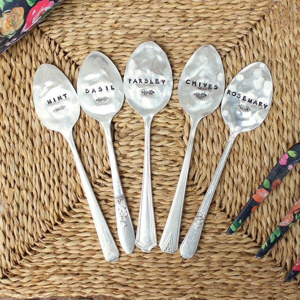 CUSTOM Large Garden Plant Herb Veggie Spoon Markers Set Personalized Silverplate Handstamped Sustainable Reusable Mother's Father's Day Gift