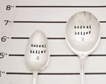 Cereal Killer Spoon - Silver Skull Crossbones Vintage Stocking Stuffer Gift for Him Dad Son Husband Christmas Custom Name Initials Reusable