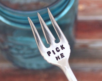 Pick Me Pickle Olive Garnish Fork - Hand Stamped - Vintage Silver Plate