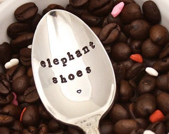 Elephant Shoe Shoes Spoon - I Love You Valentines Gift Him Her Hand Stamped - Coffee Tea Lover Stir Stick - Vintage Silver Plated Silverware