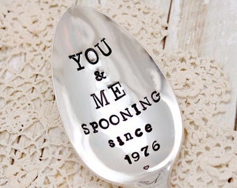 You and Me Spooning Since Spoon - Handstamped - Anniversary Wedding Keepsake Gift - U & Me Vintage Silverware - Ice Cream Dessert - Custom