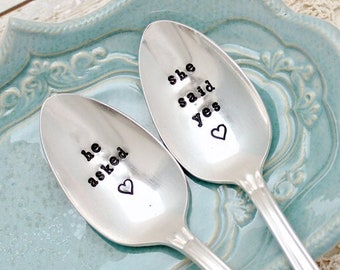 He Asked She Said Yes Spoons - Engagement Wedding - His Hers - Bride Groom Gift - Hand Stamped - Vintage Silver - Coffee Soup Ice Cream