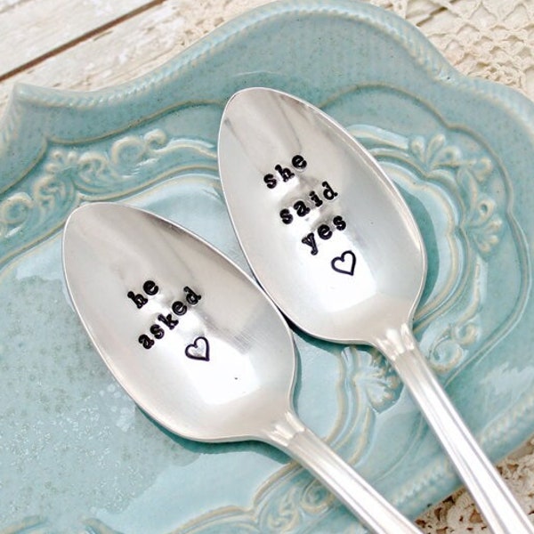 He Asked She Said Yes Spoons - Engagement Wedding - His Hers - Bride Groom Gift - Hand Stamped - Vintage Silver - Coffee Soup Ice Cream