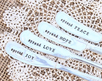 Spreader Set - Hand Stamped - Love Peace Hope Joy - Four (4) - Vintage Silver plated Silverware Butter Cheese Peanut Knife Knives Jam Jelly