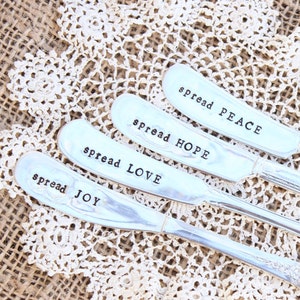 Spreader Set - Hand Stamped - LOVE Peace HOPE Joy - Four (4) - Vintage Silver plated Silverware - Butter Cheese Peanut Knife Knives Char