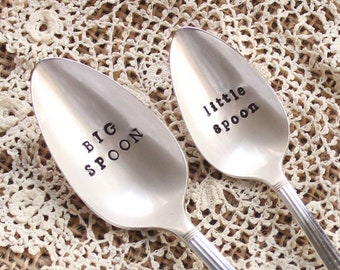 BIG Spoon little Spoon Set - His Hers - Hand Stamped - Coffee Tea Ice Cream Dessert - Christmas Gift - Vintage Silverplate