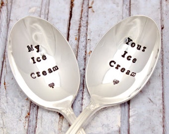 Ice Cream Spoon Set Pair - Hand Stamped - His Hers Mine My Your - Dessert smoothie - Vintage Silver Silverware - Wedding Anniversary Gift