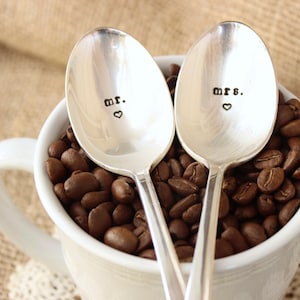 mr. and mrs. Spoons - Wedding Gift Set - Custom Personalized - His Hers Bride Groom Big Day - Coffee Tea Spoon Couple Anniversary Name Date