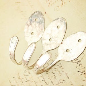 Spoon Wall Hooks Hook - Set of 3 Three - Teaspoon - Small Flattened Hammered Handmade Upcycled Hostess Gift Remodel Vintage Decor Silver