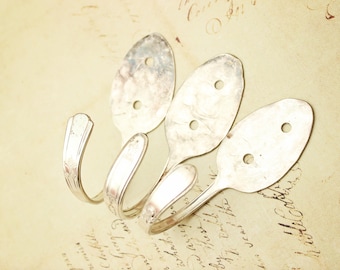 Spoon Wall Hooks Hook - Set of 3 Three - Teaspoon - Small Flattened Hammered Handmade Upcycled Hostess Gift Remodel Vintage Decor Silver