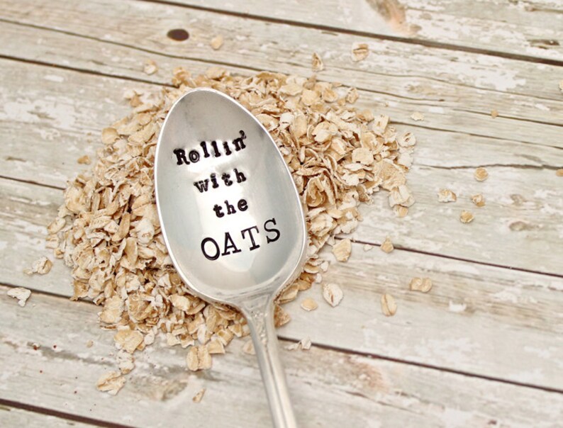 Hand Stamped Vintage Silver Plated Silverware Oatmeal Spoon Breakfast Utensil Rollin with the OATS