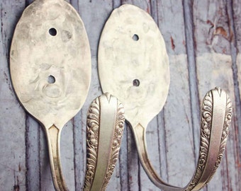 Large Wall Hook Hooks - Curtain Tie Backs - Pair of Two Matching Set - Vintage Spoon Coat Hangers - Upcycled - Silver Plated Silverware