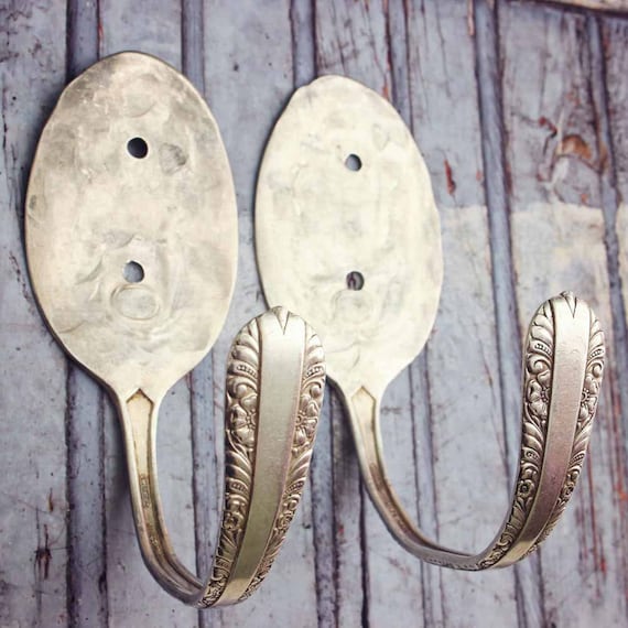 Large Wall Hook Hooks Curtain Tie Backs Pair Of Two Matching Set Vintage Spoon Coat Hangers Upcycled Silver Plated Silverware