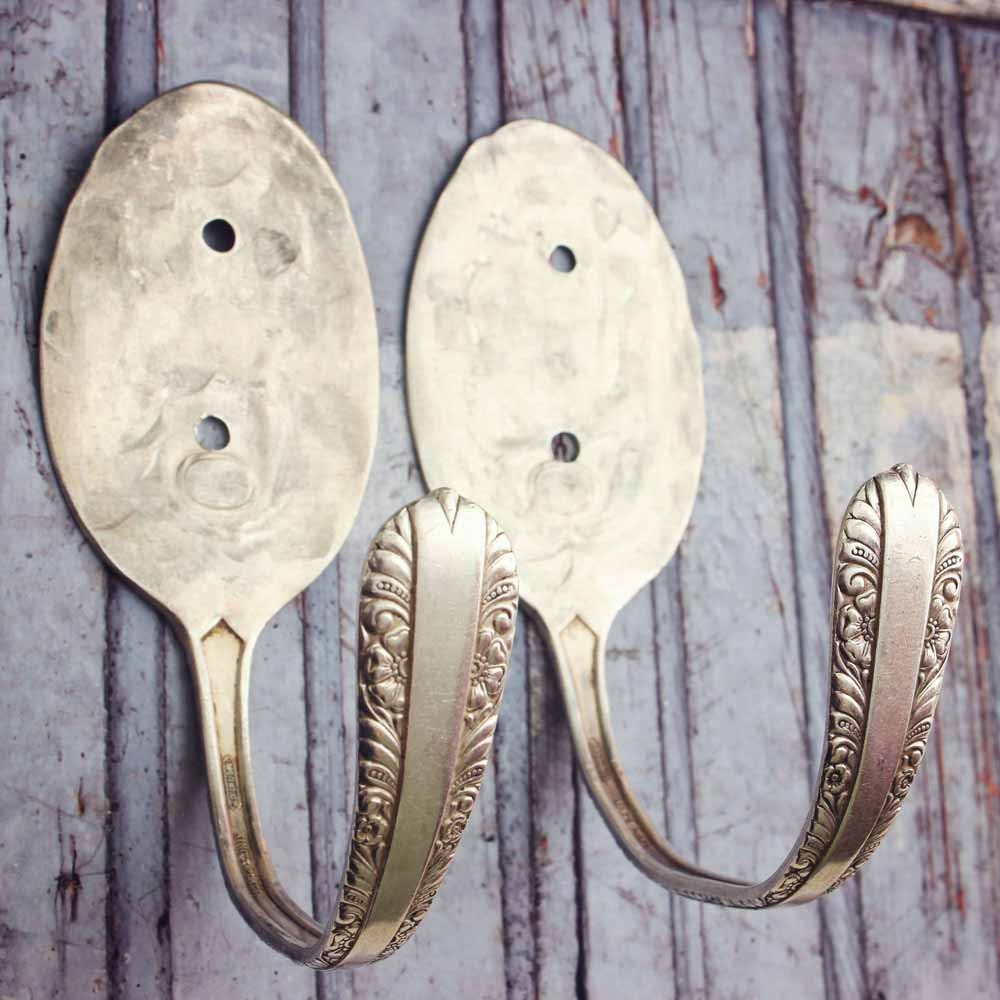 Large Wall Hook Hooks - Curtain Tie Backs - Pair of Two Matching Set - Vintage Spoon Coat Hangers - Upcycled - Silver Plated Silverware