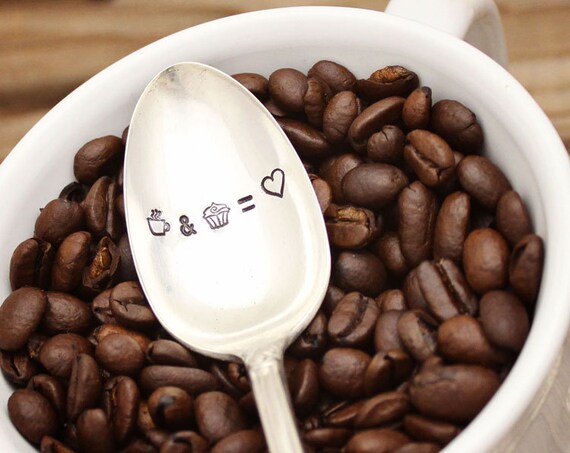 The ORIGINAL Hand Stamped Vintage Spoons\u2122 by Sycamore Hill Chocolate Spoon. Hot Cocoa with hearts PEACE love COCOA Hand Stamped Teaspoon