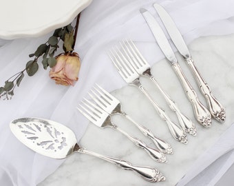 Custom Wedding Cake Fork Set Matching Server Knives Table Setting Mr Mrs Bride Groom Name Date Year - Old South Silverplate 1940s - Gift