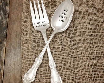 Table Blessing Serving Set - Thanksgiving Christmas Easter - Hand Stamped - Holiday Flatware - Silver Plated Spoon Fork Hostess Gift Gather