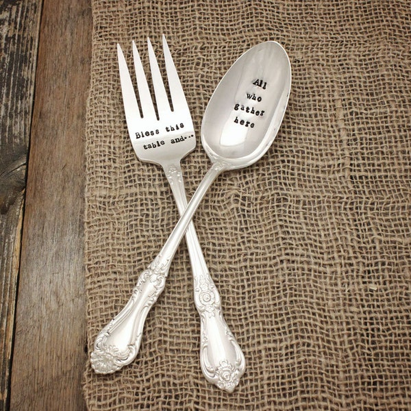 Table Blessing Serving Set - Thanksgiving Christmas Easter - Hand Stamped - Holiday Flatware - Silver Plated Spoon Fork Hostess Gift Gather