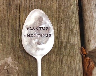 Plantus Unknownus Garden Vintage Spoon Herb Garden Plant Marker - Antique Silver Plated - Hand Stamped - Rustic Decor