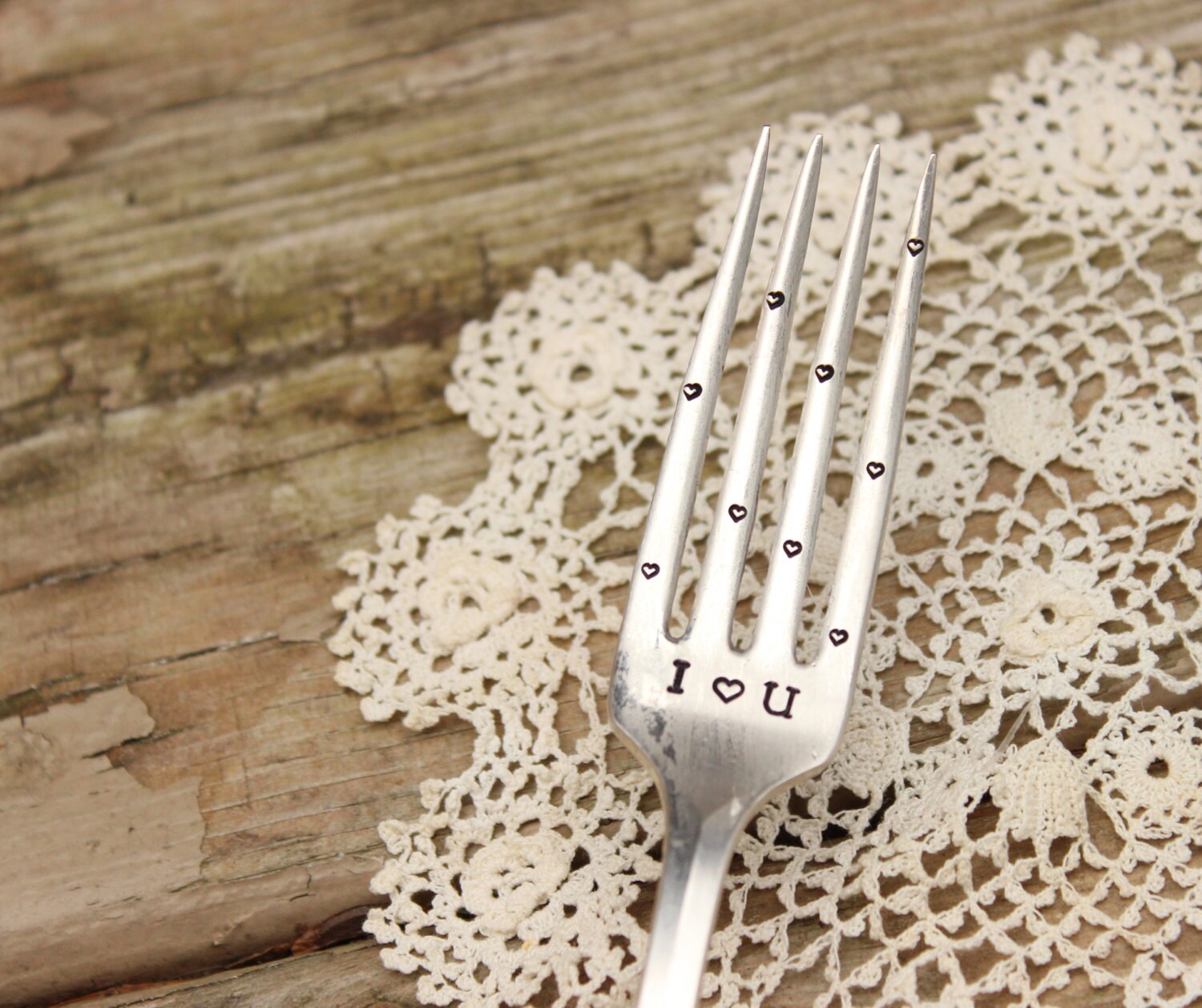 I Love You Fork - Heart - Message Dessert Cake Dinner spoon - Vintage Silver Plated - Hand Stamped - Valentines Day Gift for Him Her