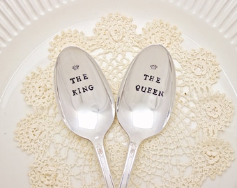 King and Queen Spoons - Wedding - His Hers - Bride Groom Gift - Hand Stamped - Vintage Silver - Coffee Soup Ice Cream - Couples Set