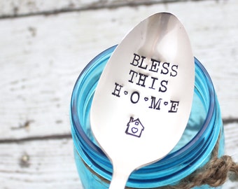 Bless This HOME Serving Spoon - Thanksgiving Table - Vintage Silver Plate - Hand Stamped  - Kitchen Decor - Hostess Gift - Holiday