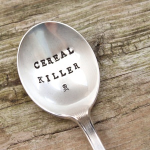 Cereal Killer Spoon - Skull and Crossbones - Stocking Stuffer - Handstamped - Vintage Antique Christmas Stocking Fun Funny Gift for Him Her
