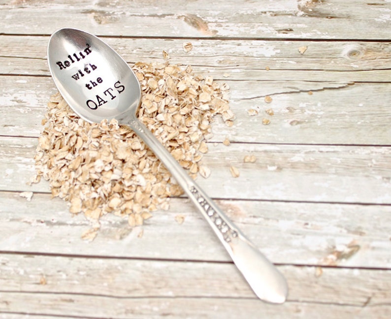 Hand Stamped Vintage Silver Plated Silverware Oatmeal Spoon Breakfast Utensil Rollin with the OATS