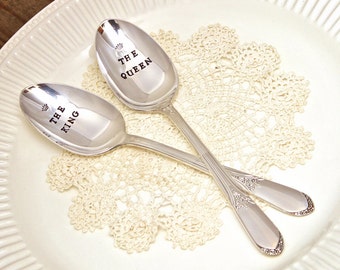 King and Queen Spoons - Wedding - His Hers - Bride Groom Gift - Hand Stamped - Vintage Silver - Coffee Soup Ice Cream Couples Set Date Night