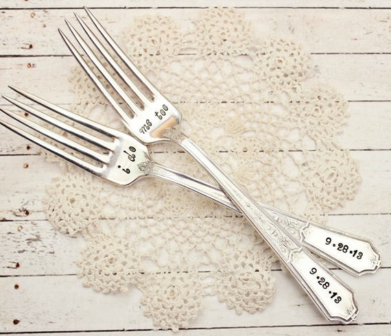 Custom Vintage Wedding Forks: Hand stamped Mr. and Mrs. Name Date