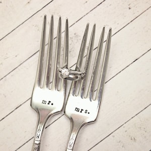 Mrs. Mr. Wedding Forks - Hand Stamped Silverware Personalized Custom Name Date Vintage Silver Dinner Dessert Cake His Hers Bride Groom Gift