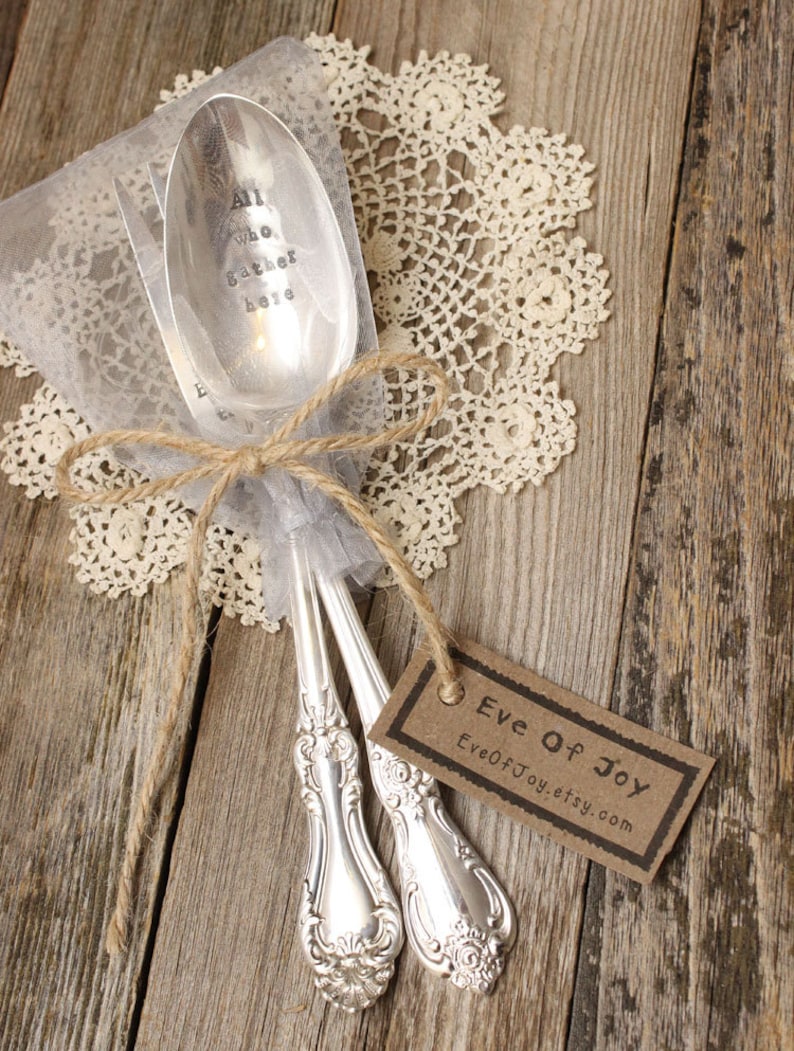 Table Blessing Serving Set Thanksgiving Christmas Easter Hand Stamped Holiday Flatware Silver Plated Spoon Fork Hostess Gift Gather image 3