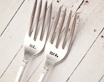 Mr. Mrs. Wedding Forks - Handstamped Set - Vintage Silver Plated Flatware - Cake Dinner Forks - His Hers - Bride Groom -